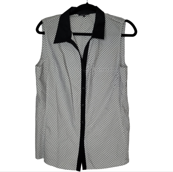 Lafayette 148 New York Tops - Lafayette 148 Collared Blouse Sleeveless 12 Black Trim Plaid Checkered Career